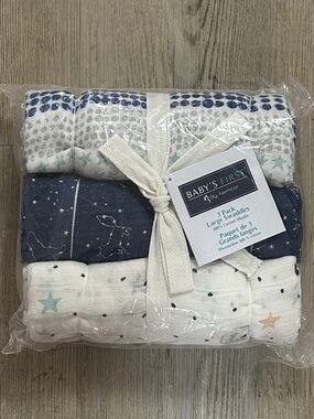 3-Pack Large Muslin Swaddles - Navy, White, Light Blue